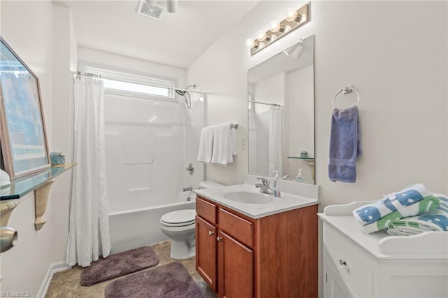 full bathroom with shower / bath combination with curtain, vanity, toilet, and tile patterned floors