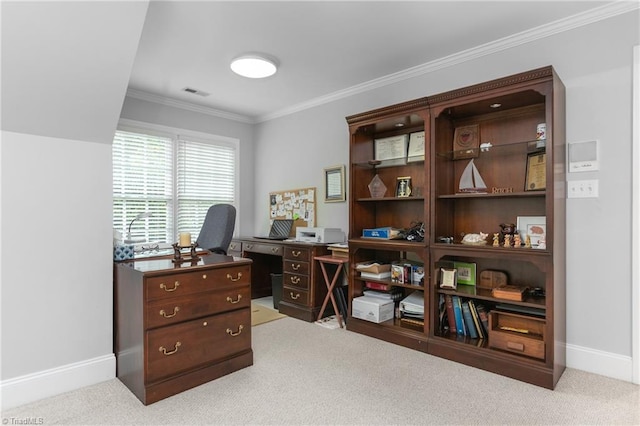 home office featuring light carpet and crown molding