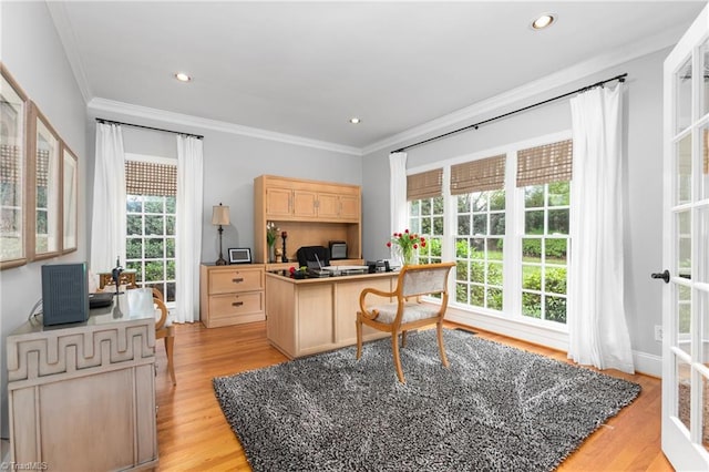 office area featuring a wealth of natural light, crown molding, light hardwood / wood-style floors, and french doors