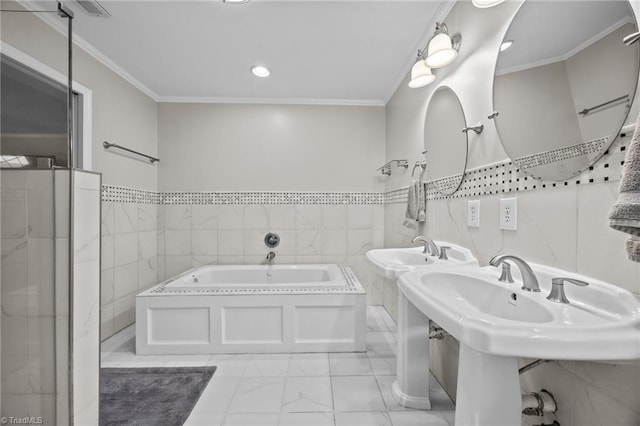 full bath featuring crown molding, marble finish floor, tile walls, and a bath