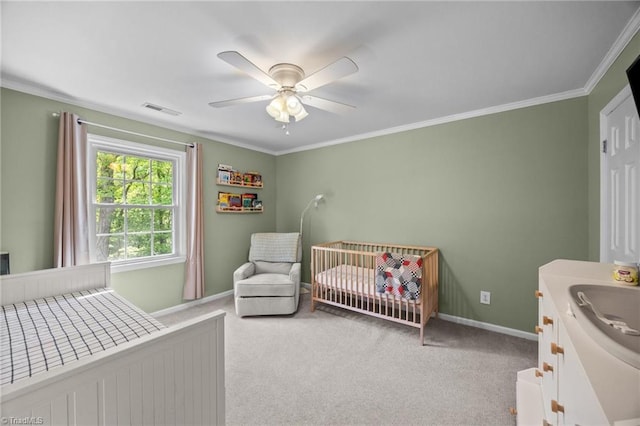 bedroom featuring visible vents, carpet flooring, and baseboards