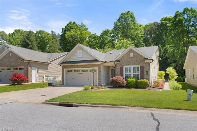 view of front of property featuring concrete driveway, brick siding, a front yard, and a garage