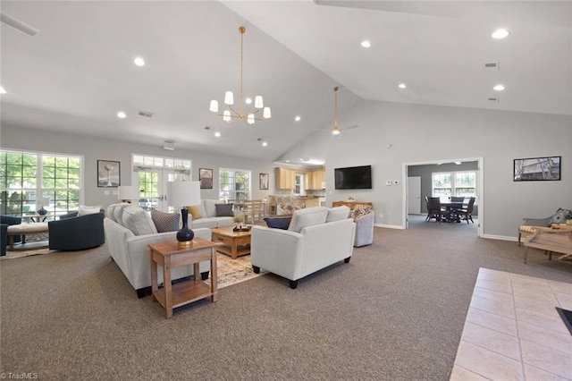 living room with carpet floors, recessed lighting, high vaulted ceiling, and visible vents