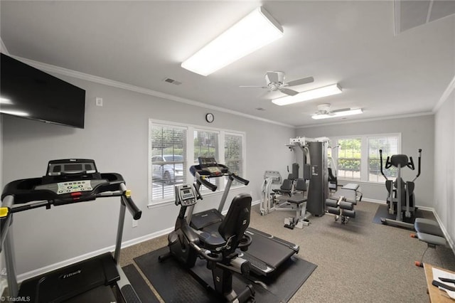 workout area with ceiling fan, visible vents, ornamental molding, and baseboards