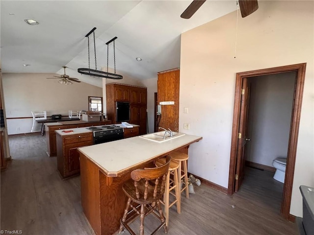 kitchen with a ceiling fan, a sink, dark wood finished floors, a peninsula, and vaulted ceiling