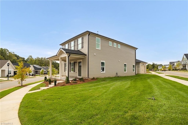 view of property exterior featuring a porch and a lawn