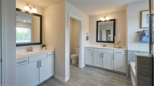 bathroom with a washtub, vanity, and toilet