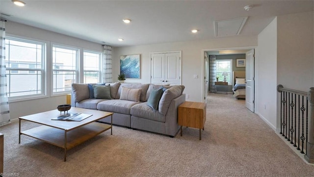 living room with light colored carpet