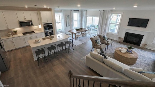 living room with dark wood-type flooring