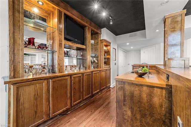 bar with sink, rail lighting, butcher block counters, and dark hardwood / wood-style floors