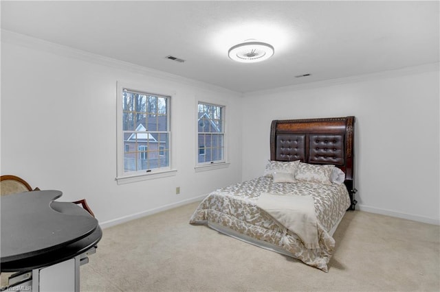 carpeted bedroom featuring crown molding