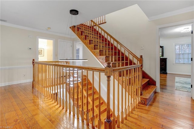 stairs featuring hardwood / wood-style flooring and crown molding