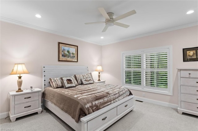 bedroom with crown molding, baseboards, light colored carpet, recessed lighting, and ceiling fan