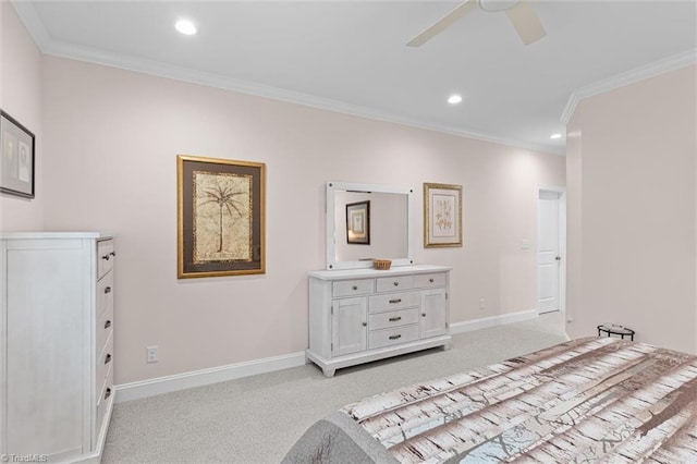 bedroom with ornamental molding, light carpet, recessed lighting, baseboards, and ceiling fan