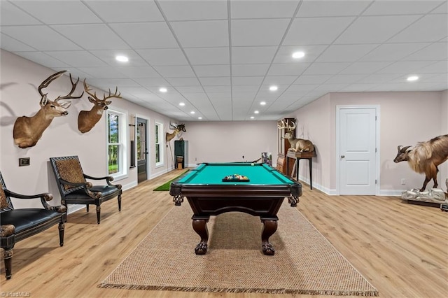 game room featuring light wood finished floors, baseboards, recessed lighting, and billiards