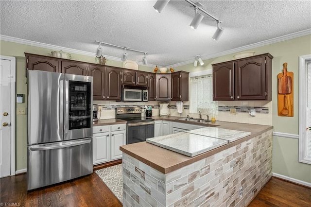 kitchen featuring dark brown cabinetry, sink, dark hardwood / wood-style floors, appliances with stainless steel finishes, and ornamental molding