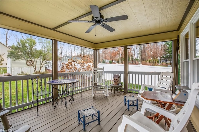 sunroom featuring ceiling fan and wood ceiling