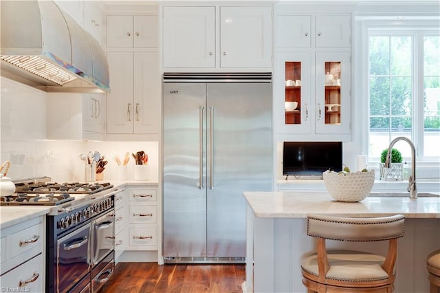 kitchen with dark hardwood / wood-style flooring, white cabinetry, light stone countertops, high quality appliances, and sink