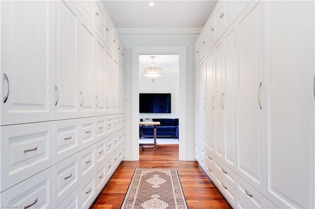 corridor featuring light hardwood / wood-style floors and ornamental molding