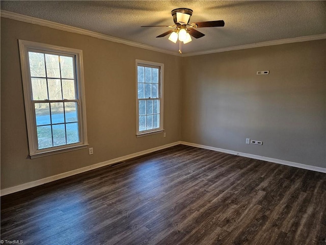 unfurnished room featuring a textured ceiling, ceiling fan, crown molding, and dark hardwood / wood-style floors