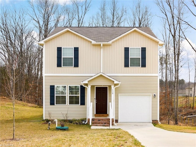 traditional-style home with a garage, driveway, a shingled roof, and a front yard