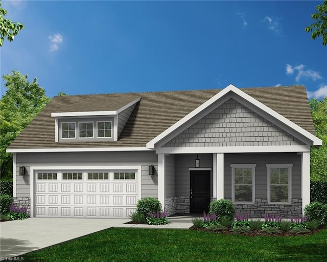 1110 Hudson Dr, Mebane, NC 27302 - craftsman house with a garage, stone siding, driveway, a porch, and a front lawn
