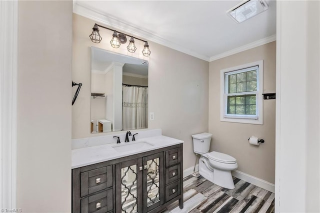 full bathroom with toilet, visible vents, baseboards, ornamental molding, and wood finished floors