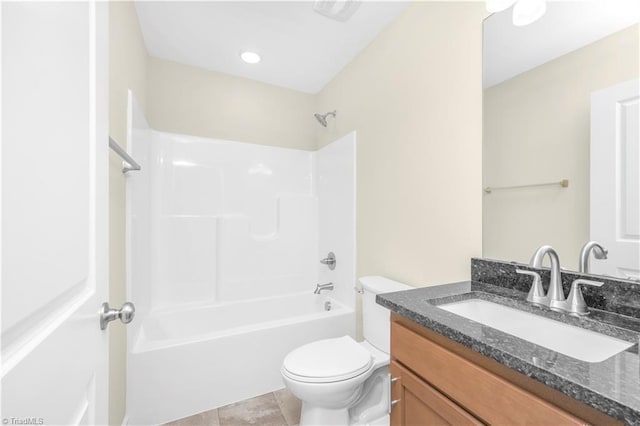 full bathroom featuring toilet, tile patterned flooring, shower / bath combination, and vanity