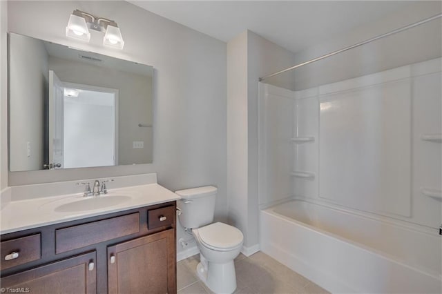 full bathroom featuring vanity, washtub / shower combination, toilet, and tile patterned flooring