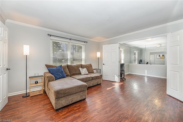 living area featuring wood finished floors, baseboards, and ornamental molding