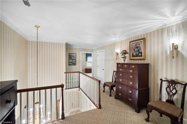 hallway with light carpet and crown molding