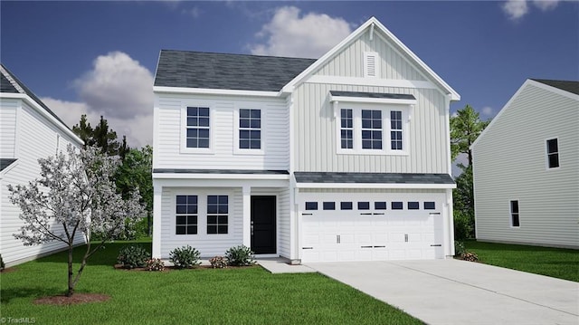 view of front facade featuring an attached garage, a front yard, board and batten siding, and concrete driveway