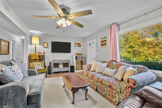 living room featuring ceiling fan and wood-type flooring