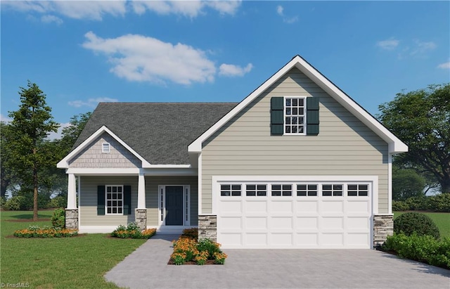 view of front of home featuring a porch, a front yard, and a garage