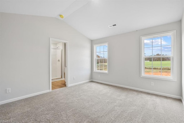 spare room with plenty of natural light, lofted ceiling, and light carpet