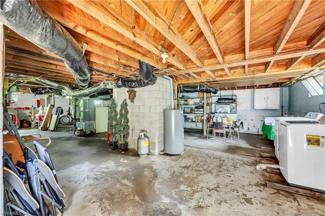 below grade area featuring water heater, separate washer and dryer, and heating unit