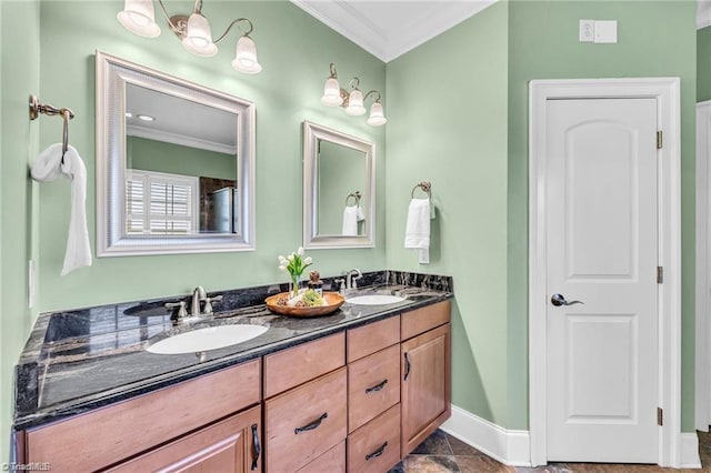 bathroom featuring crown molding, vanity, and tile patterned flooring