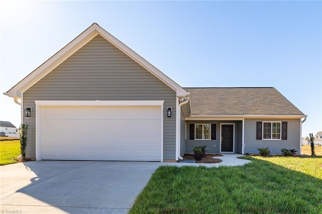 single story home with a garage, driveway, and a front lawn