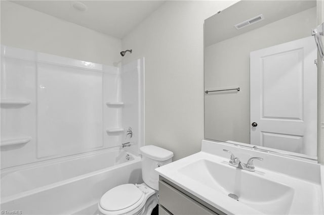 bathroom featuring toilet, shower / bath combination, vanity, and visible vents