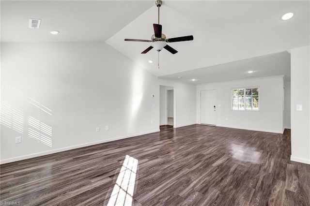 unfurnished living room featuring dark wood-style floors, lofted ceiling, visible vents, ceiling fan, and baseboards