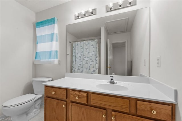 bathroom featuring tile patterned flooring, vanity, toilet, and a shower with shower curtain