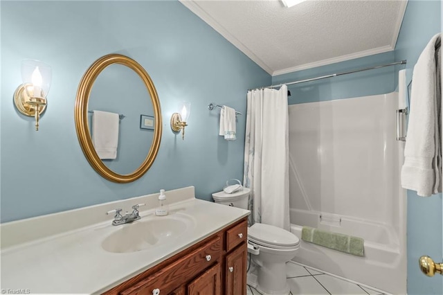 full bathroom featuring ornamental molding, a textured ceiling, toilet, and vanity