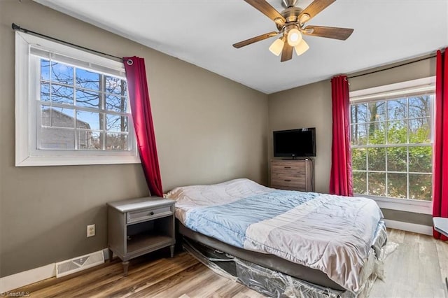 bedroom with ceiling fan and wood-type flooring