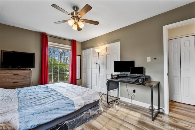 bedroom featuring light hardwood / wood-style floors and ceiling fan