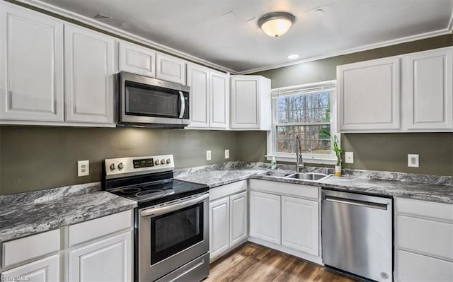 kitchen featuring white cabinetry, stainless steel appliances, dark hardwood / wood-style flooring, and sink