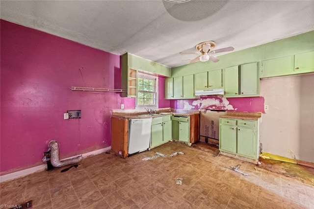1278 Tredwell Dr, Winston-Salem, NC 27103 - kitchen featuring white dishwasher, under cabinet range hood, a textured ceiling, tile patterned floors, and ceiling fan