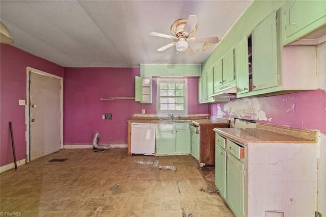 1278 Tredwell Dr, Winston-Salem, NC 27103 - kitchen featuring white dishwasher, green cabinetry, ceiling fan, a textured ceiling, and light countertops