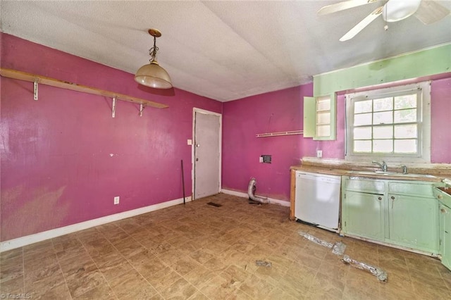 1278 Tredwell Dr, Winston-Salem, NC 27103 - kitchen featuring white dishwasher, a ceiling fan, a textured ceiling, light floors, and hanging light fixtures