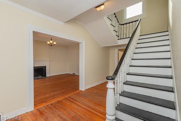 112 S Caldwell St, Salisbury, NC 28144 - stairs with wood finished floors, crown molding, baseboards, and a fireplace with flush hearth