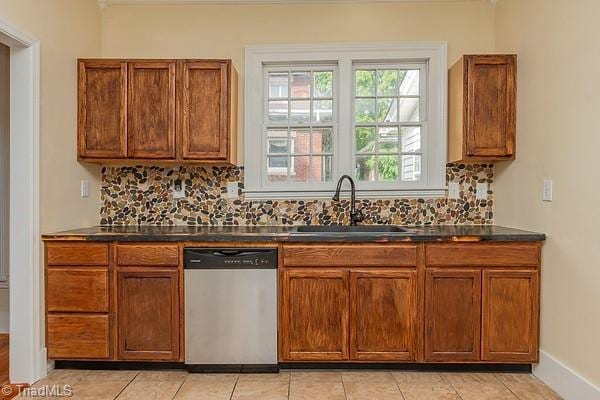 112 S Caldwell St, Salisbury, NC 28144 - kitchen featuring dishwasher, a sink, dark countertops, backsplash, and brown cabinets